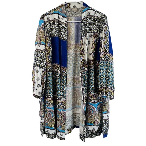 Womens Chico's 12/14 Patchwork Linen Duster Jacket Open Front 3/4 Sleeves - Picture 1 of 8